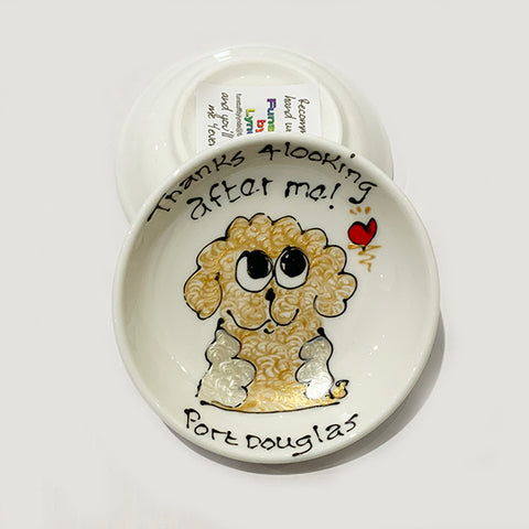 Gold with White Fluffy Dog - Thanks for Looking After Me (Port Douglas) - Rings-n-Things Dish